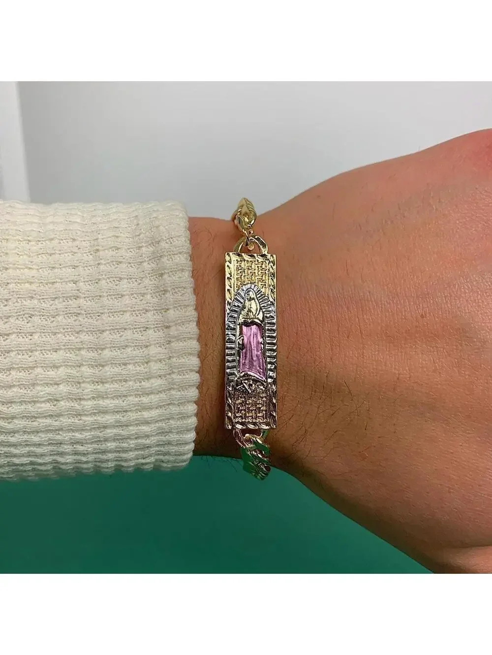 Vintage Y2k Style Gold Saint Marry Pink Pendant Cuban Link Figaro Bracelet.